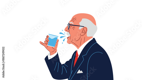 A simple vector illustration of an elderly man in a suit and tie, gargling with water from a glass to maintain oral hygiene.