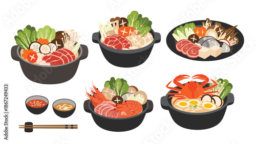 A delicious-looking collection of five different traditional Japanese hot pot dishes, featuring seafood, meat, and crab nabe variations.