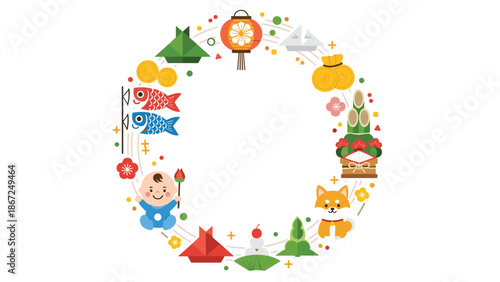 A festive circular wreath frame composed of various cute Japanese lucky charms and traditional festival icons on a white background.