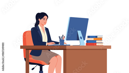 Professional businesswoman in a formal suit working diligently on her computer at a modern office desk with books and pens.