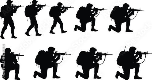 Special forces soldier silhouettes set, tactical military operators aiming rifles, combat action poses, modern warfare security team, black isolated illustration