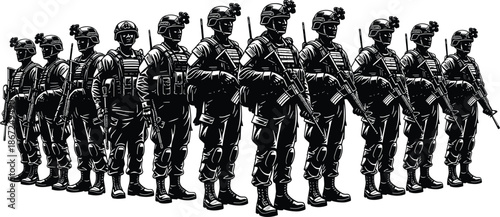 Special forces soldiers lineup illustration, elite military unit standing formation with rifles, tactical armed team, modern warfare security concept, black vector