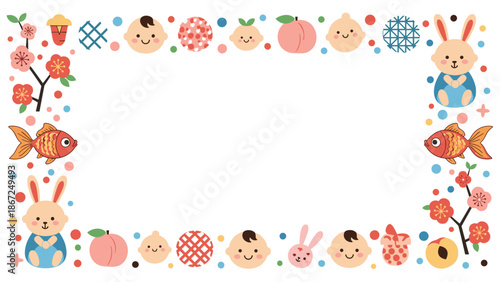 A cheerful and cute rectangular frame for a baby's announcement or party, decorated with rabbits, goldfish, peaches, and flowers.