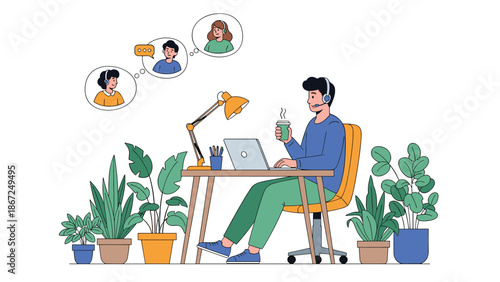 Young man working from his cozy home office with a laptop, wearing a headset for a video conference call, surrounded by lush houseplants.