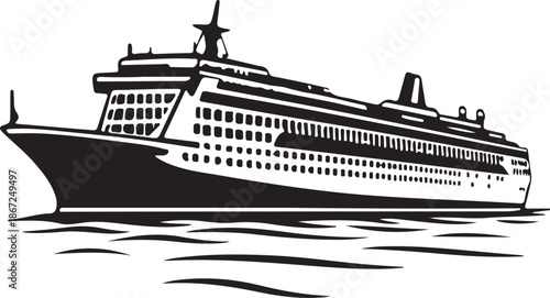 Black and White Cruise Ship Illustration Icon Logo isolated on White