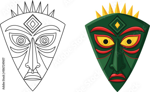 Tiki Tribal Mask Illustration in Color and Line Art for Tropical Party Decor, CAD Drawing Flat Vector Illustration, African Culture