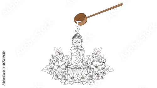 Black and white line art illustration depicting the Hanamatsuri ritual of pouring sweet tea over a baby Buddha statue to celebrate his birthday.