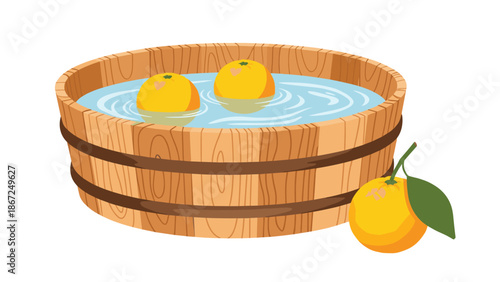 Japanese winter solstice tradition of a relaxing yuzu bath, showing whole yuzu citrus fruits floating in a traditional wooden bathtub.