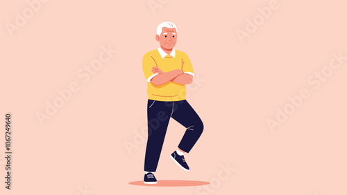 Elderly man maintaining an active and healthy lifestyle by performing a balance exercise, standing on one leg with his arms crossed.