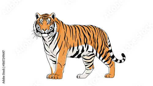 Majestic and realistic vector illustration of a standing Bengal tiger, showcasing its powerful stance and distinctive orange and black stripes.
