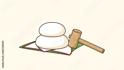 Simple and cute illustration of Kagami Mochi, a traditional Japanese New Year decoration, with a wooden mallet for mochi pounding.