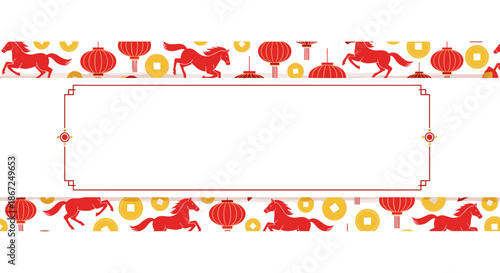 Vibrant Chinese New Year banner design with red horses, traditional lanterns, and gold coins, featuring a spacious central frame for custom text.