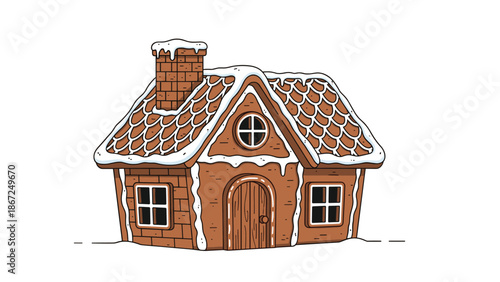 Charming hand-drawn gingerbread house decorated with sweet white icing snow, creating a festive and magical Christmas holiday illustration.