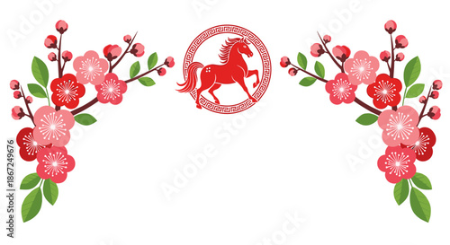 A vibrant red horse emblem is centrally positioned, flanked by delicate pink and red floral branches, symbolizing prosperity and new beginnings.
