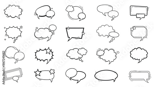 Large set of black and white comic book style speech bubbles and thought clouds in various shapes and sizes for dialogue and text.