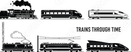 Trains through time silhouettes collection, steam locomotive electric train high speed railway evolution, transportation history concept, black isolated vector illustration