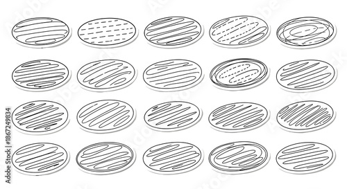 A captivating hand-drawn collection of twenty distinct round cookie designs, each featuring unique icing patterns, perfect for a bakery or dessert-themed project.