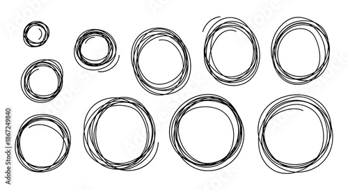 A collection of hand-drawn, scribbled circle frames and doodle elements, perfect for adding a playful and artistic touch to designs.