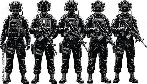 Special forces soldiers silhouettes, tactical military team holding rifles, elite combat units, armed security personnel, black isolated illustration, vector, collection