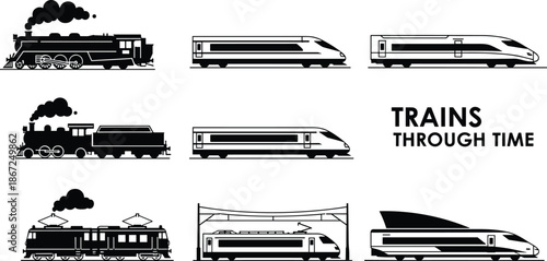 Trains through time silhouettes collection, steam locomotive to high speed train evolution, railway transportation history, modern rail technology, black vector illustration