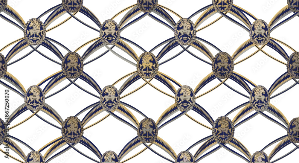 Fototapeta premium An intricate, elegant seamless pattern features a repeated geometric design with intertwined gold and dark blue lines, creating a sophisticated and luxurious visual texture.