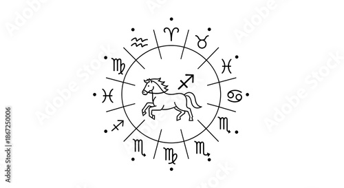 A stylized black and white illustration depicts a horse within a circular zodiac wheel, representing the Sagittarius astrological sign with elegant simplicity.