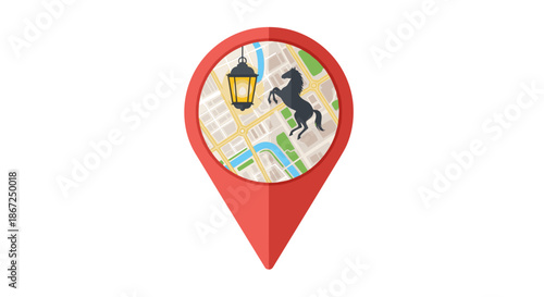 A vibrant red map pin icon features a detailed map with a vintage lantern and a majestic horse silhouette, symbolizing historical or cultural points of interest.