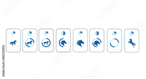 A sequence of blue horse icons illustrating various stages of a horse's movement and form, presented on white rectangular cards.