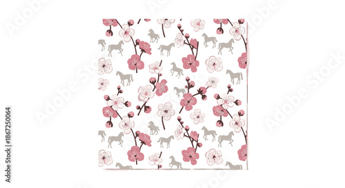 A charming seamless pattern features delicate pink cherry blossoms intertwined with subtle grey horse silhouettes on a clean white background.