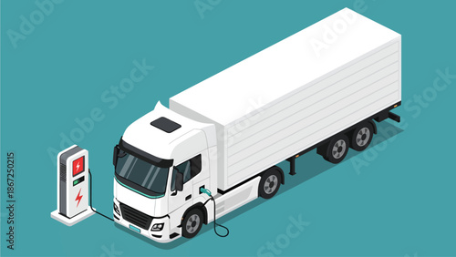 Isometric 3D illustration of a white electric semi-truck connected to a fast charging station on a blue background, symbolizing the future of sustainable green logistics and freight transportation
