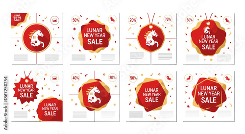Vibrant collection of red and gold Lunar New Year sale banners, featuring a stylized horse and festive confetti, perfect for holiday promotions.