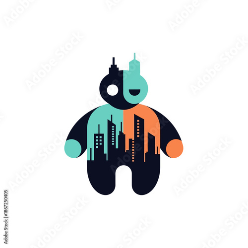 Modern robot with cityscape design on its body, symbolizing technology and urban development