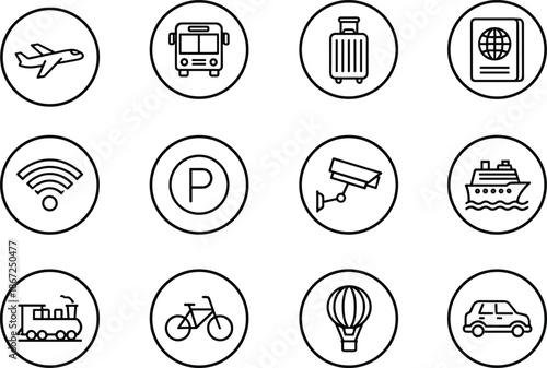 Black line icons for travel and transportation including airplane, bus, train, cruise ship, car, passport, suitcase, and tourism services, isolated on white background