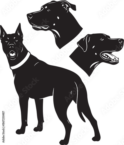 Black Dog Silhouette Set - Full Body and Head Profiles Vector Illustration
