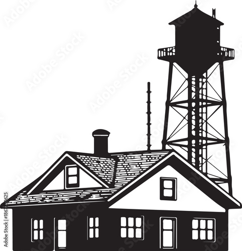 Black and White Silhouette Illustration of Residential House and Water Tower
