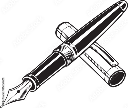Elegant Black and White Fountain Pen Drawing Isolated on White