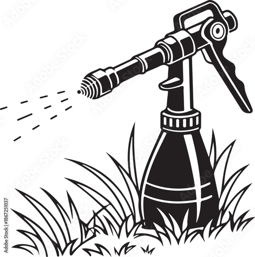 Retro Black and White Illustration of Garden Hand Sprayer Spraying Liquid in Grass