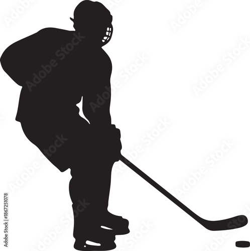 Ice Hockey Player Silhouette Vector Illustration with Stick and Puck