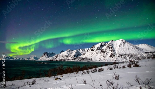 Aurora borealis streaks across snowy mountain landscape, reflecting in dark water, stars glimmering in a clear night sky