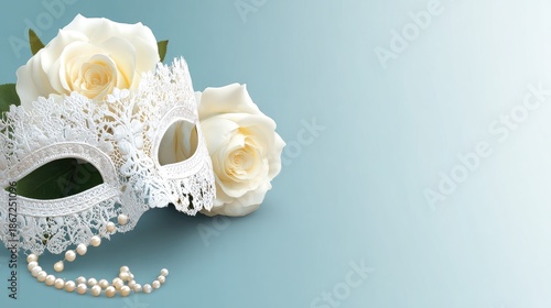 Intricate white lace masquerade mask rests beside delicate white roses with draped pearls against a soft blue background