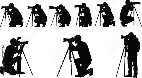 Photographer silhouette action set, professional camera tripod shooting poses, creative photography workflow, studio and outdoor photo sessions, black vector illustration