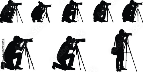 Photographer silhouette shooting set, professional camera tripod poses, outdoor and studio photography workflow, creative photo sessions, black vector illustration