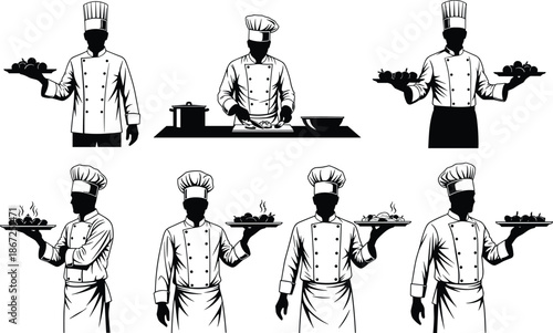 Professional chef silhouette set, cooking food presentation, restaurant kitchen illustration, culinary service concept, black and white vector design