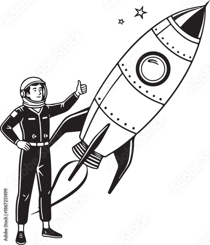 Vintage Astronaut Thumbs Up with Launching Rocket Black and White Vector
