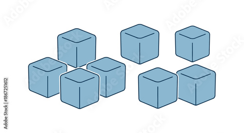 Eight light blue isometric cubes are scattered across a flat white surface in small.