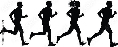Running, people, silhouettes, jogging, fitness, athletes, exercise, motion, sport, training, healthy, lifestyle, men, women, black, white, vector, illustration, design, concept