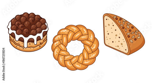 Assorted baked goods including a round chocolate cake, braided bread, and nut slice.