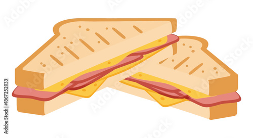 Delicious grilled ham and cheese sandwich halves cut diagonally, ready for a quick.