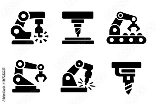 Automation and robotics icon collection in black. Set of robotic arm, cnc machine, conveyor robot, gripper arm, welding robot, drill bit icons