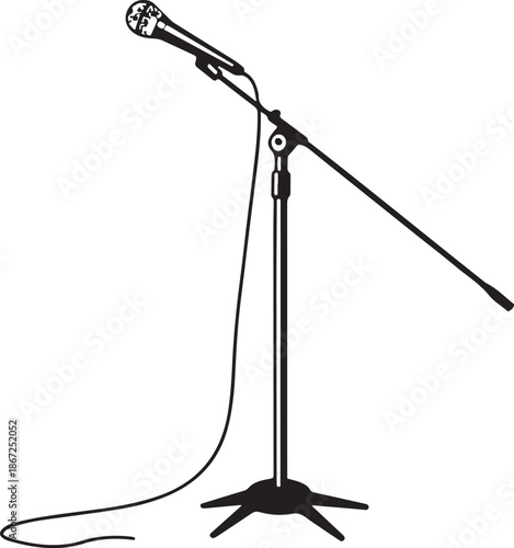 Professional Stage Microphone on Stand Black and White Outline